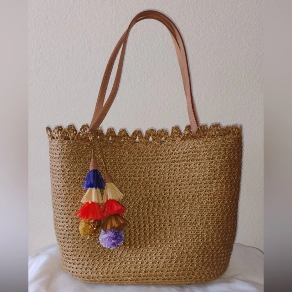 Eric Javits Woven Straw Tote Bag with Colorful Tassel Charm - Natural Brown NWOT